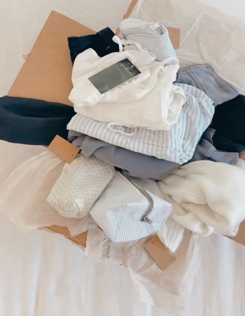 Folded blue and white pieces in box