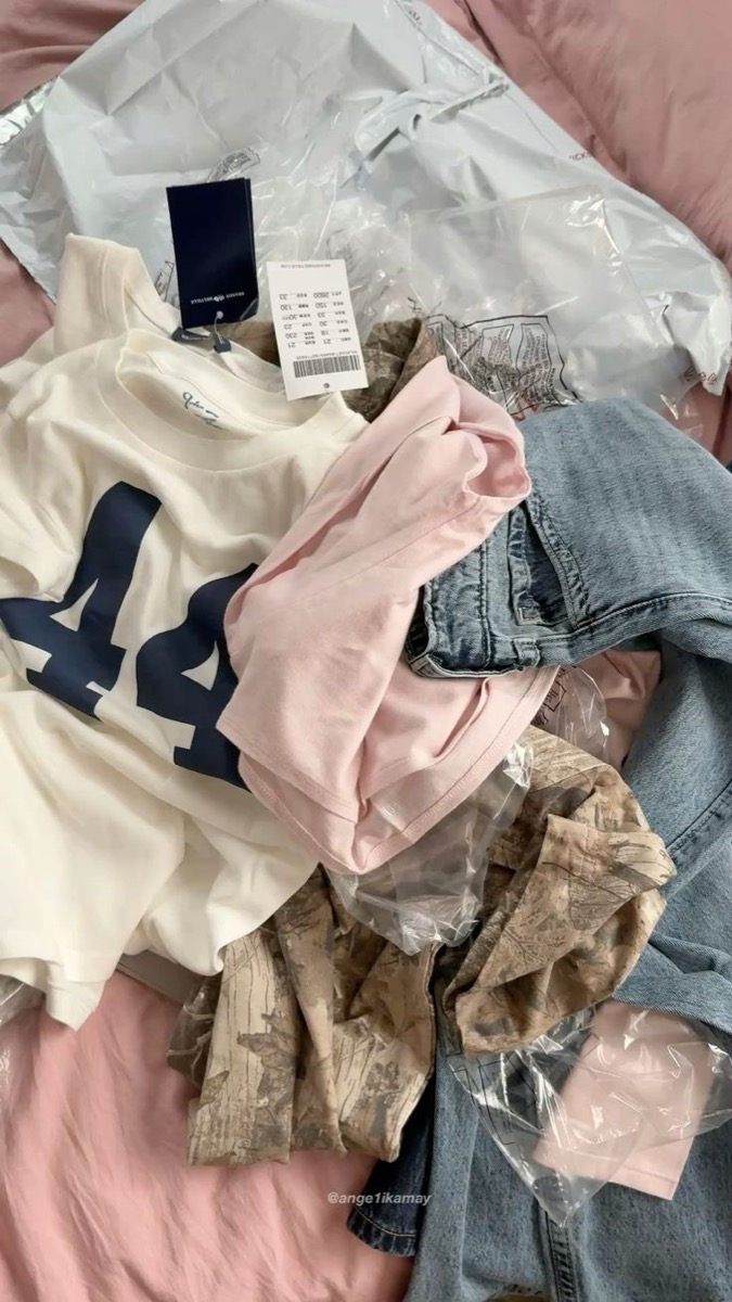 Cream number tee, pink tee and denim haul