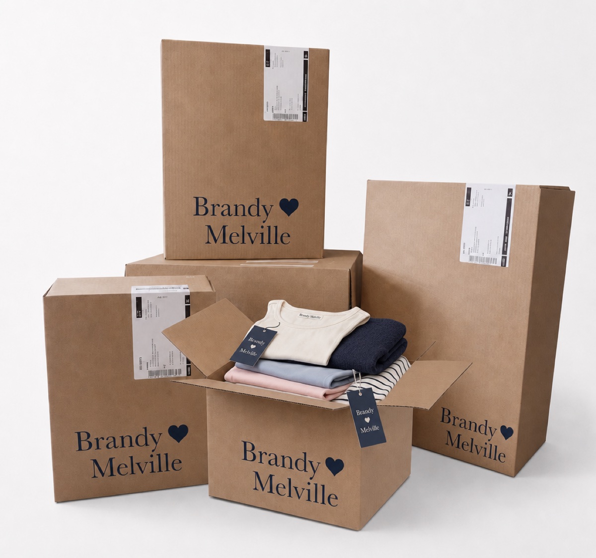 Brandy Melville mystery box filled with folded cream, navy and blue pieces, new with tags